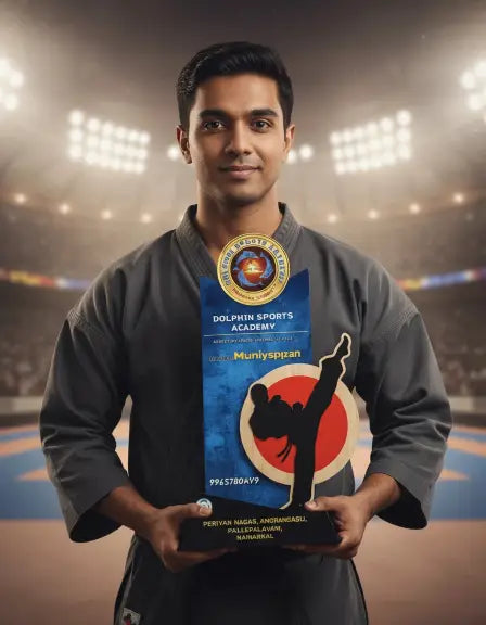 Man holding a trophy in an indoor sports arena
