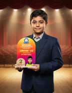 Young boy in a suit holding an award on a stage with red curtains