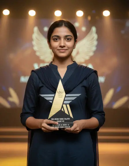 Woman holding an award on a stage with warm lighting