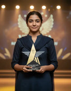 Woman holding an award on a stage with warm lighting