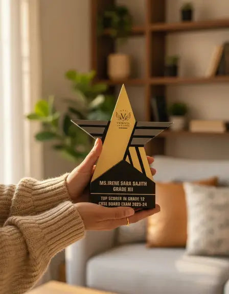 Person holding a star-shaped award in a living room setting