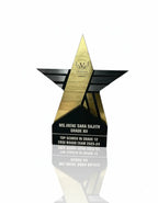 Star-shaped award with engraved text on a white background