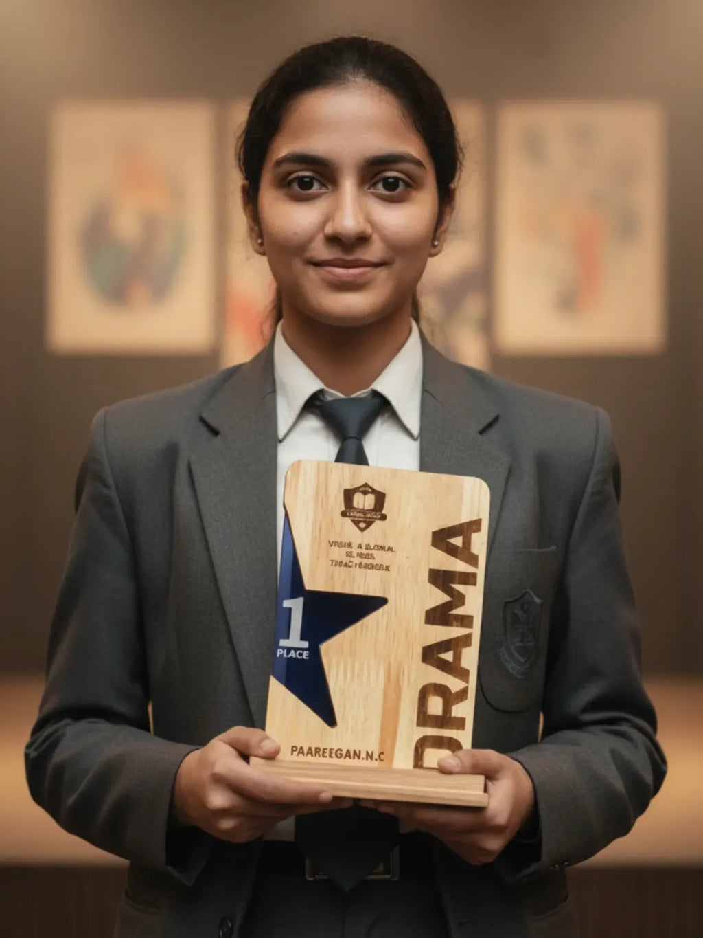 Theater drama trophy with wooden base for excellence award - premium acting award with natural wood craftsmanship