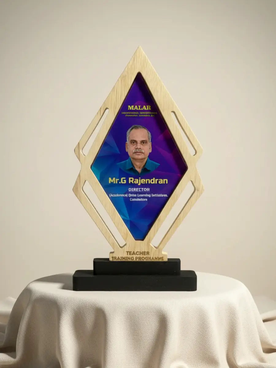 Awards on a table with a white tablecloth