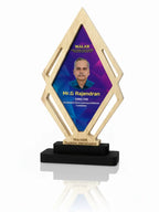 Decorative award with a portrait of a person and text on a white background