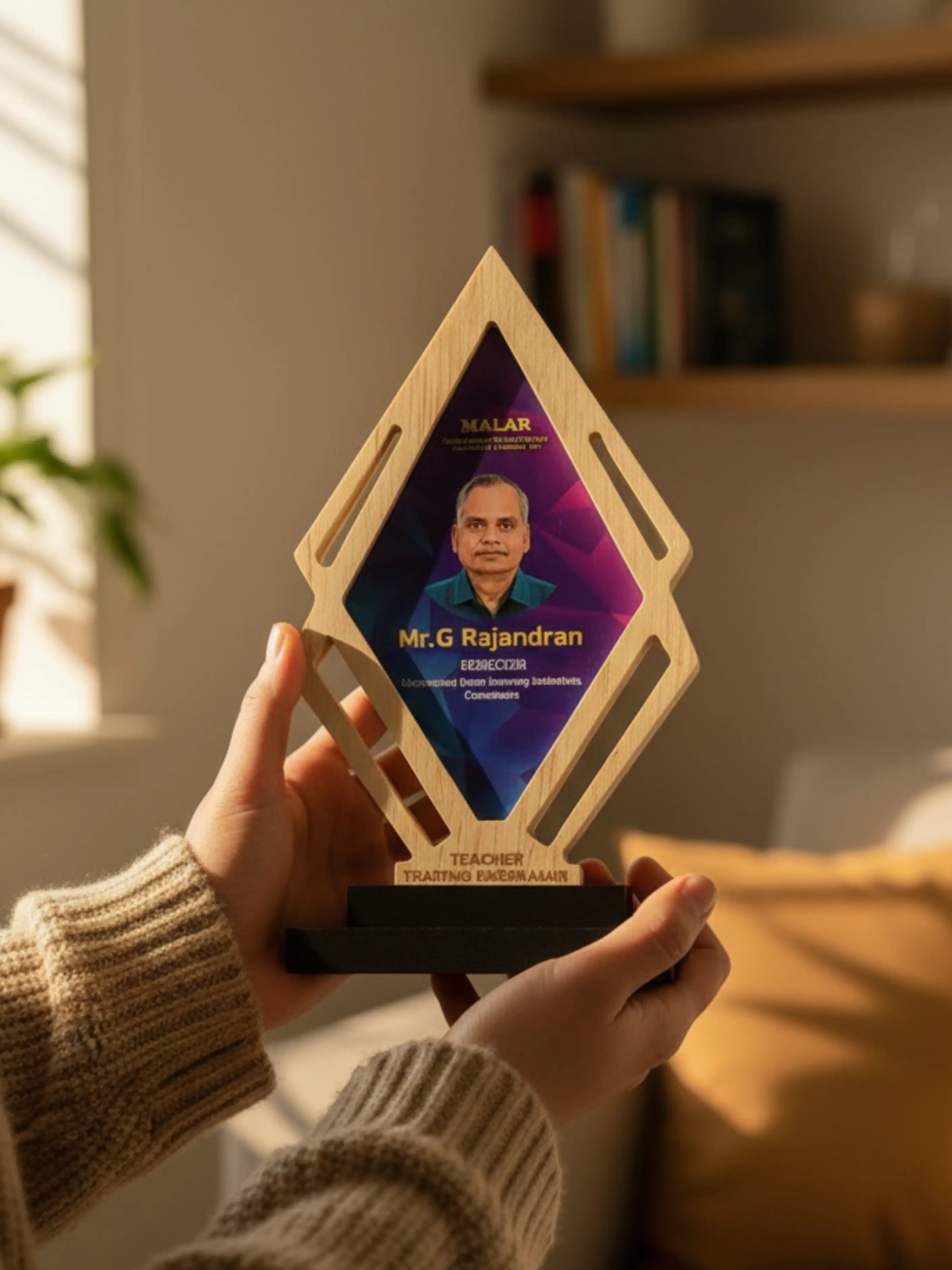 Person holding a diamond-shaped award with a portrait and text on a blurred indoor background