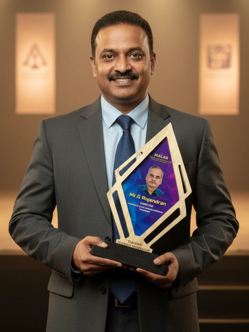 Man in a suit holding an award with a blurred background