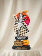 Table tennis trophy with player illustration and event details on a beige background