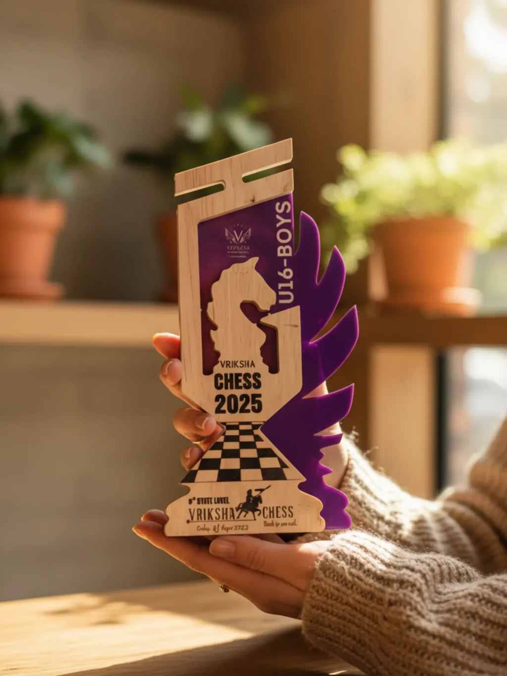 Person holding a wooden chess-themed trophy with 'Viksha Chess' branding.