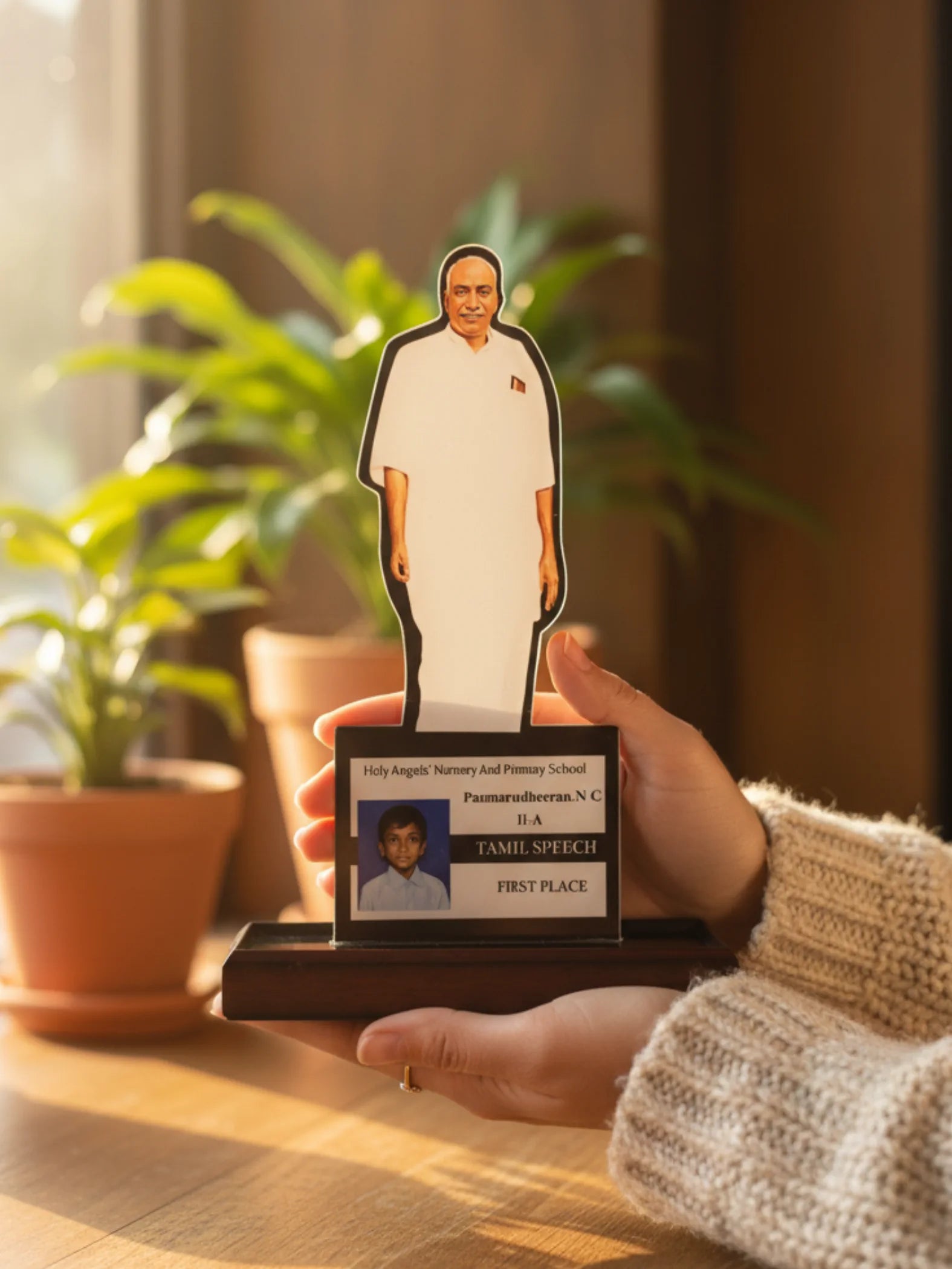 Person holding a cutout with a nameplate on a wooden stand, with plants in the background