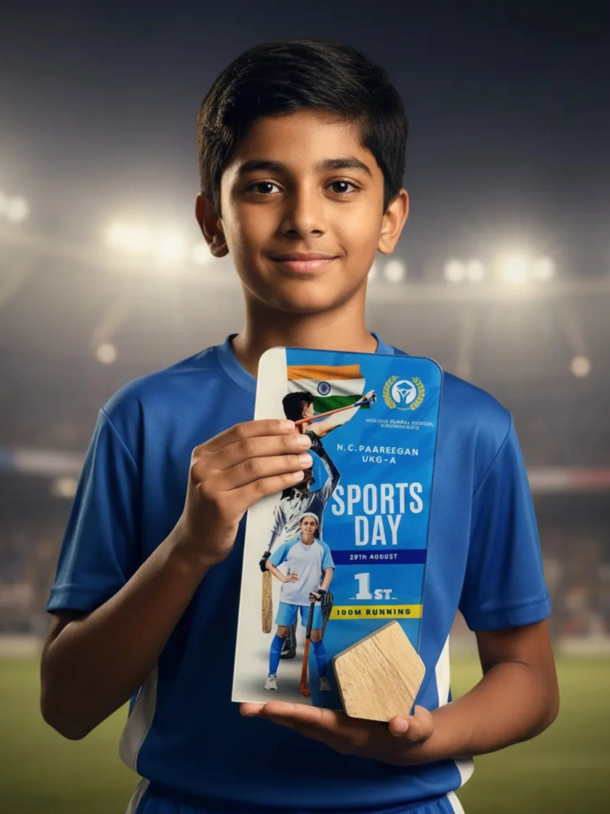 Close-up view of running race trophy showing detailed craftsmanship and premium finish