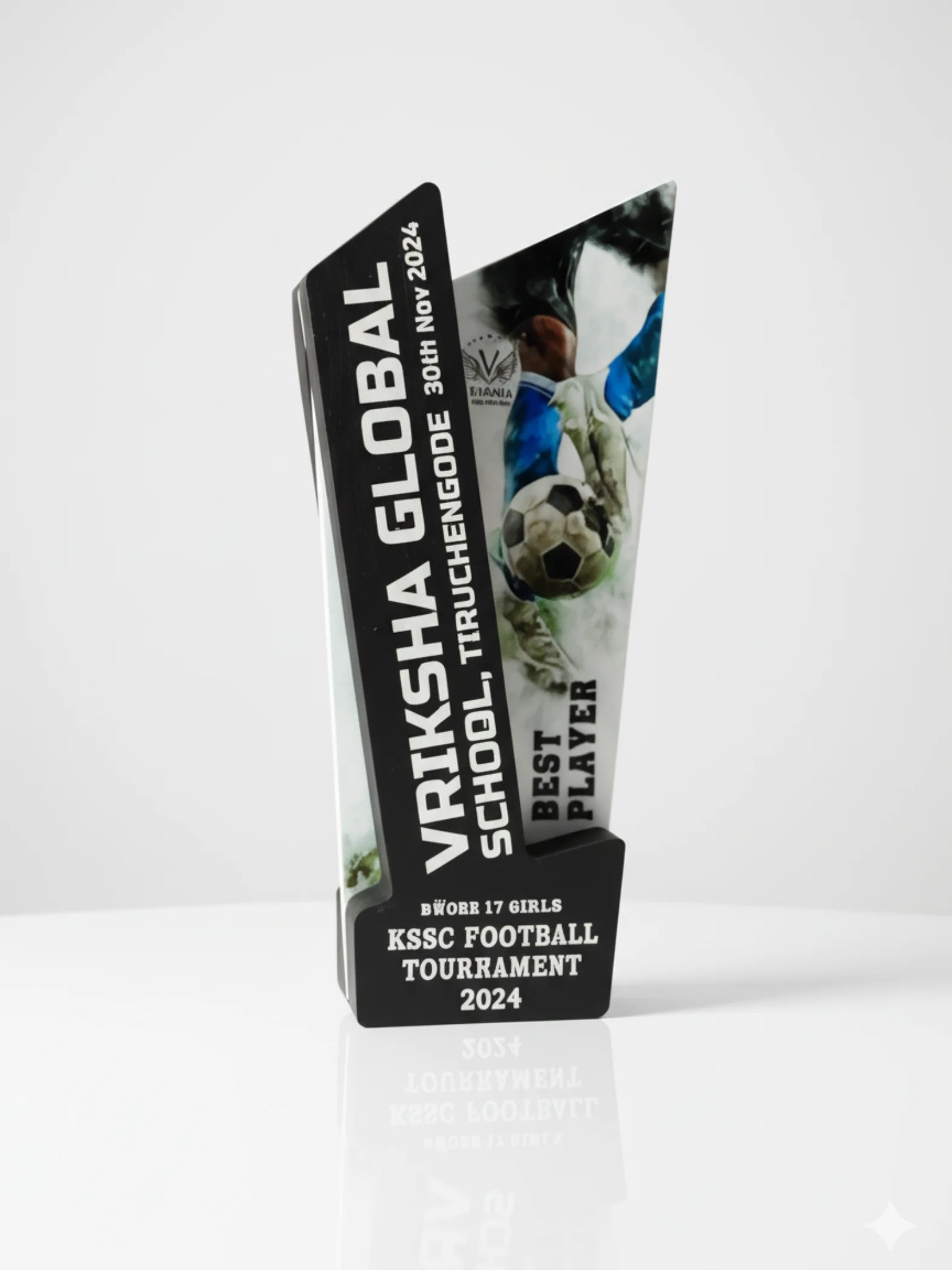 Trophy with text and a photo of a football player on a white background