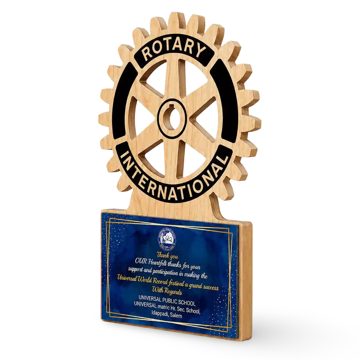 Custom Rotary Award Trophy – Rubber Wood Acrylic Rotary Wheel Design