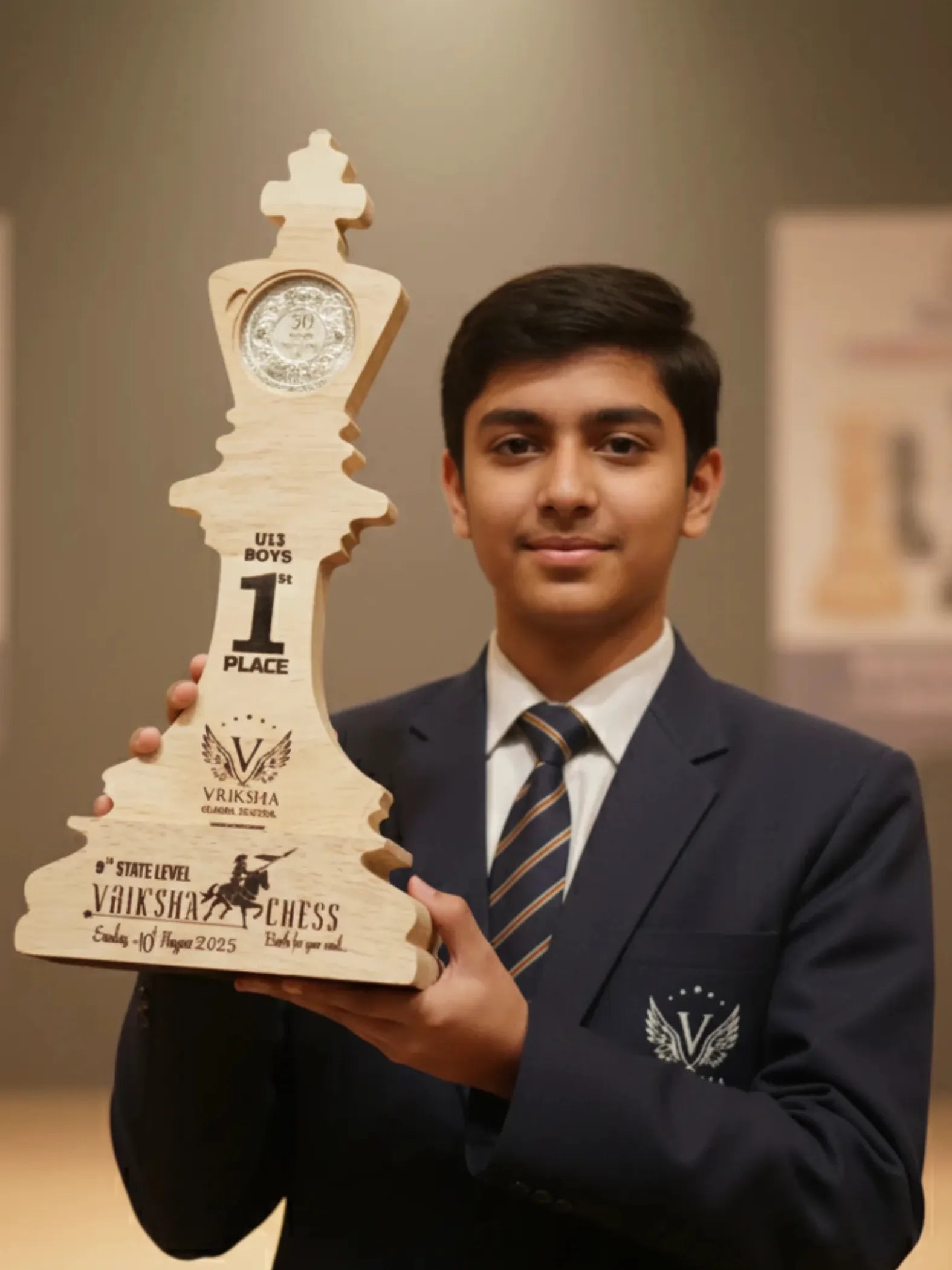 Person holding a large chess piece trophy with '1st Place' on it, wearing a formal outfit.