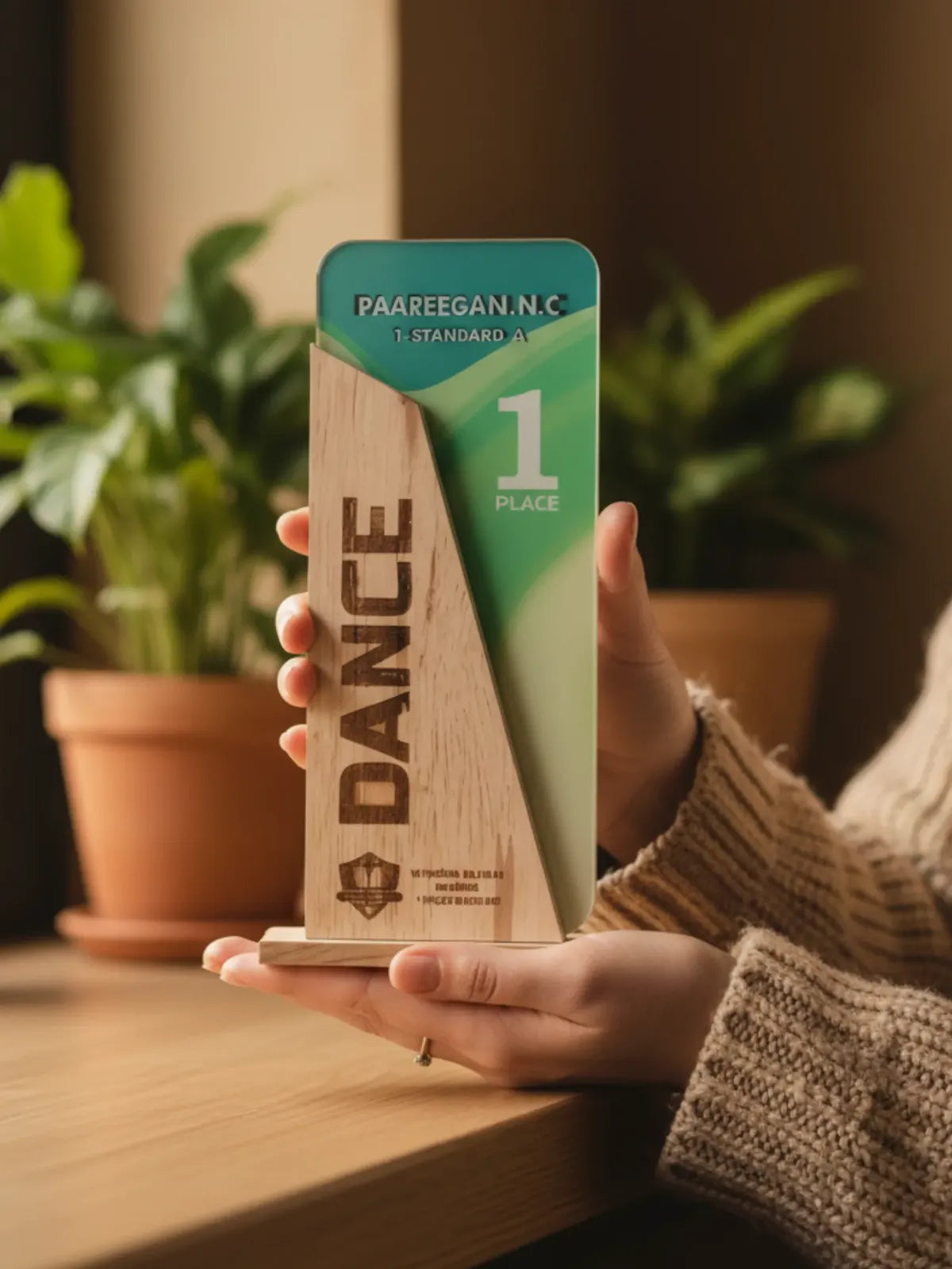 Person holding a wooden award with 'Dance' on it, standing in a room with plants.