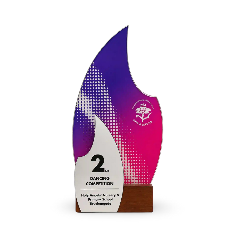 Annual-day classical dance trophy with personalised recognition details, front view