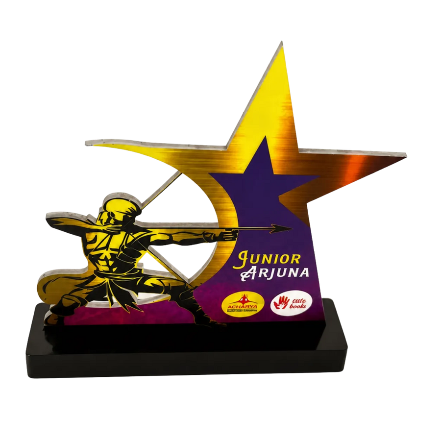 Trophy with star design and silhouette of a archer, labeled 'Junior Arjuna'.