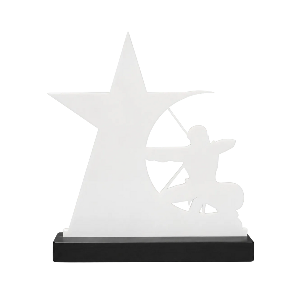 Star-shaped award with a black base on a white background