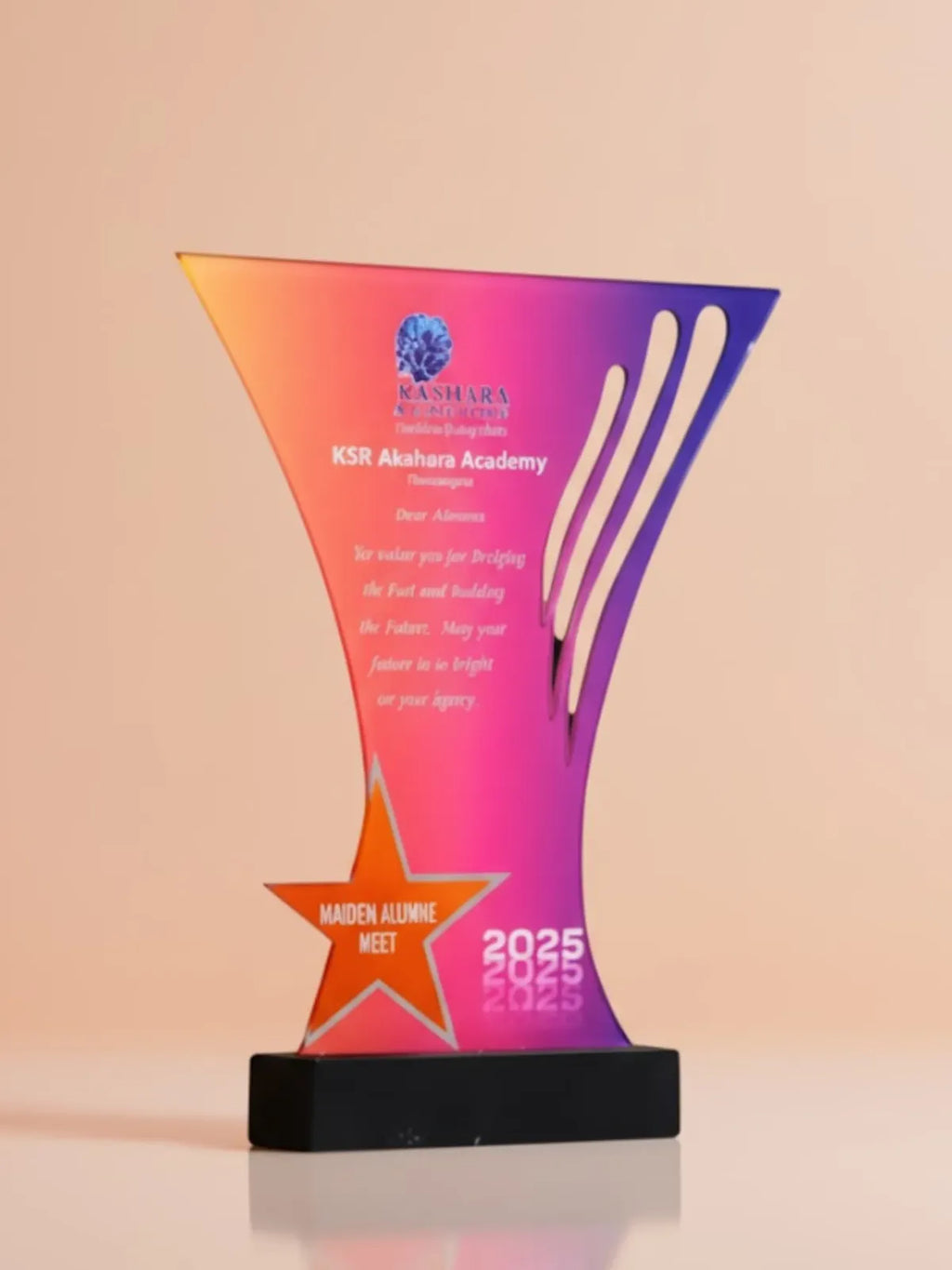 Colorful award with text and logo on a beige background
