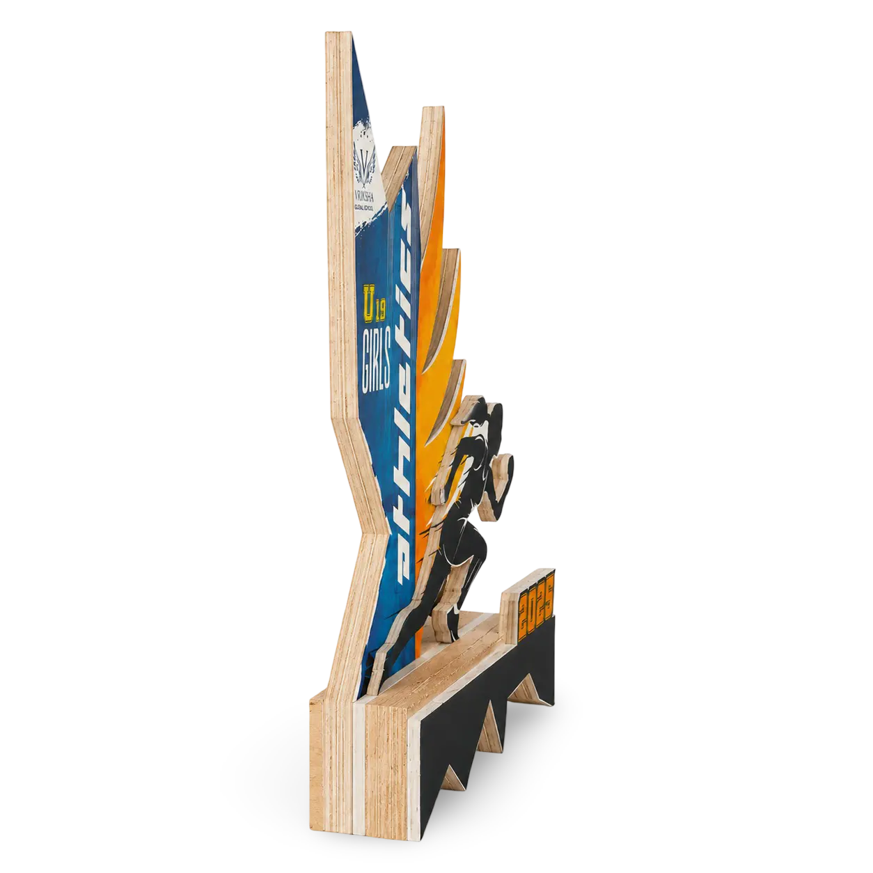 Wooden trophy with a silhouette of a person and branding on a white background