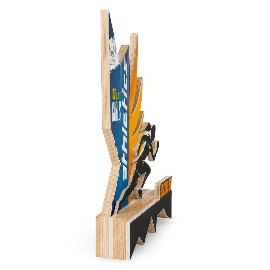 Wooden trophy with a silhouette of a person and branding on a white background