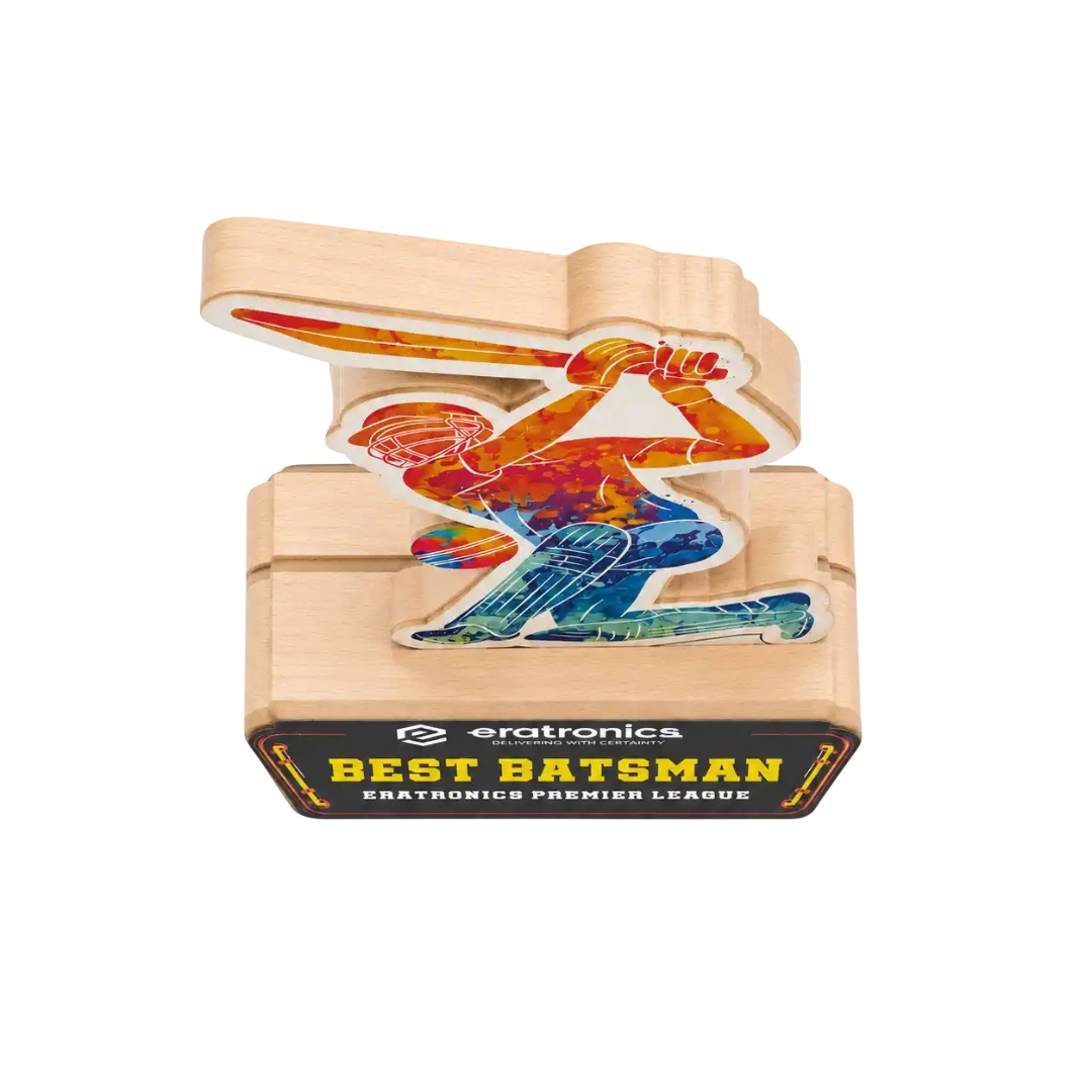 A wooden baseball-themed trophy featuring a colorful, watercolor-style illustration of a batsman 