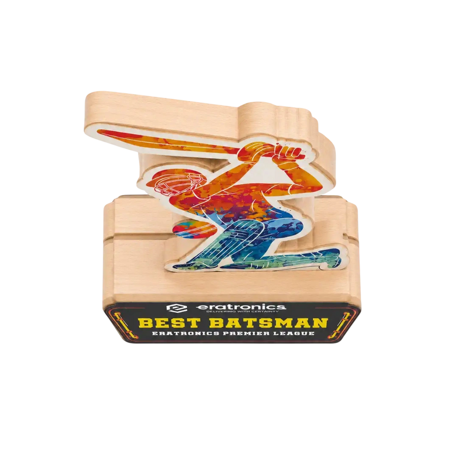 A wooden baseball-themed trophy featuring a colorful, watercolor-style illustration of a batsman 