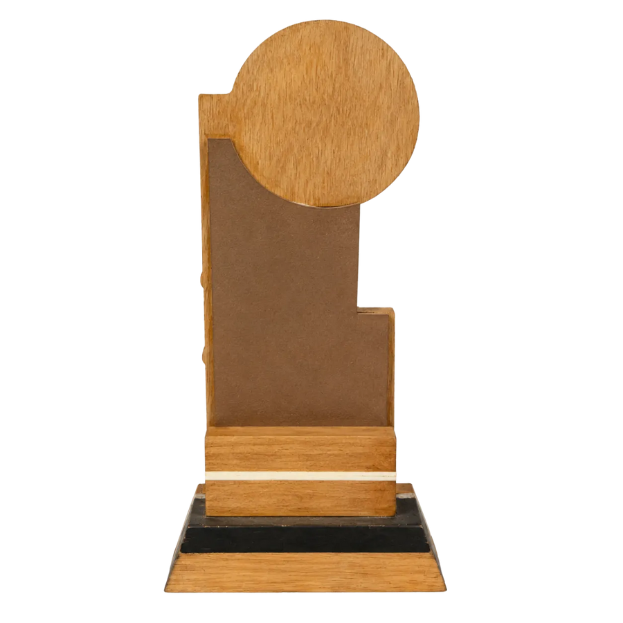 Wooden trophy with a circular top on a white background
