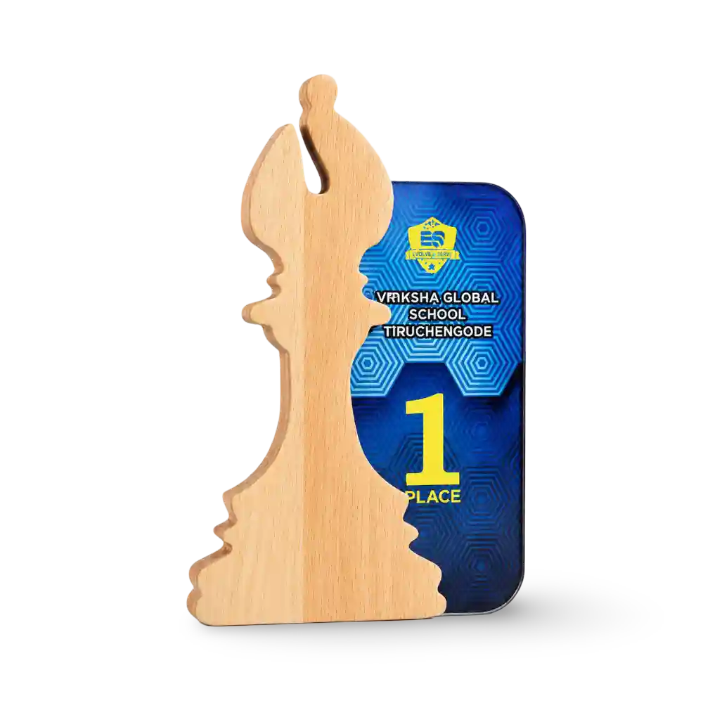 Bishop-shaped wooden chess trophy with personalised award details, front view