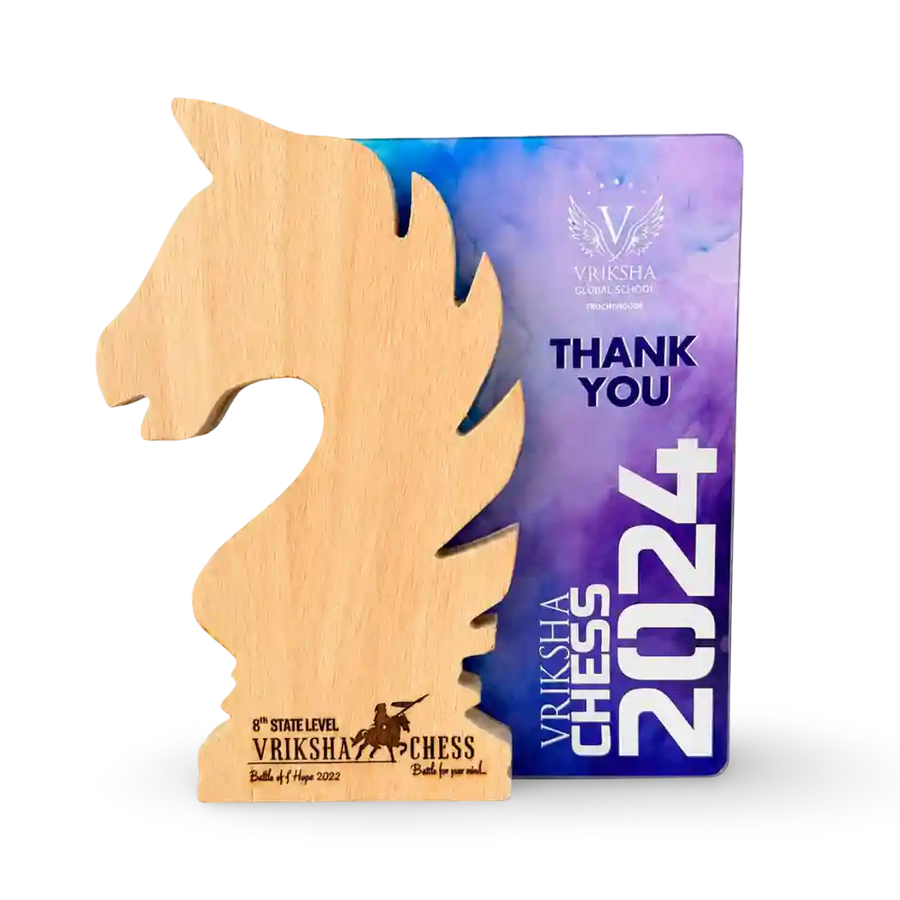 Chess championship trophy with personalised tournament details, front view