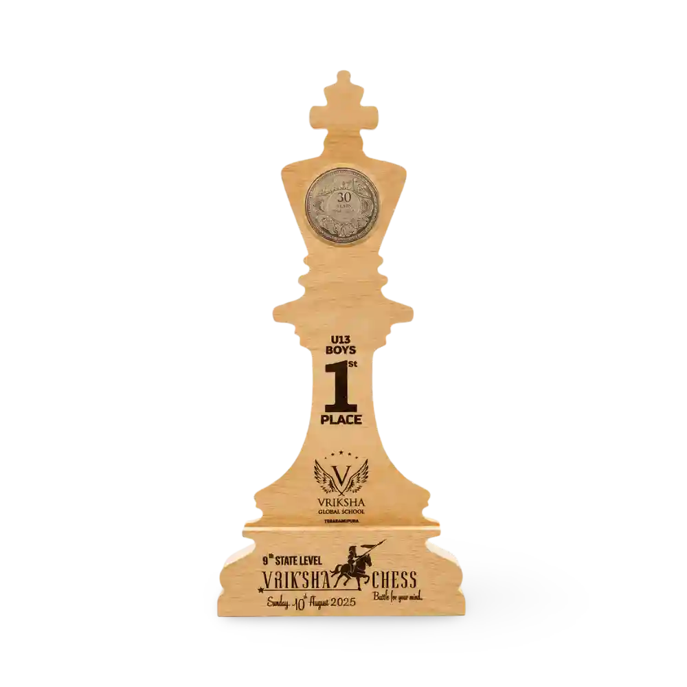 Chess king trophy with personalised tournament details, front view