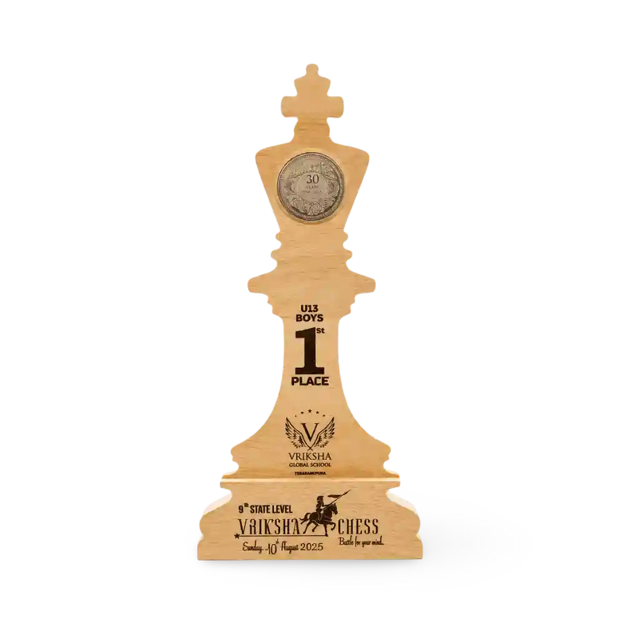 Chess king trophy with personalised tournament details, front view