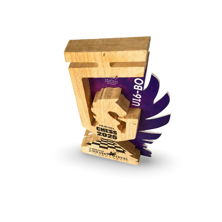 Chess award laser engraved player name FIDE rating wooden trophy India	