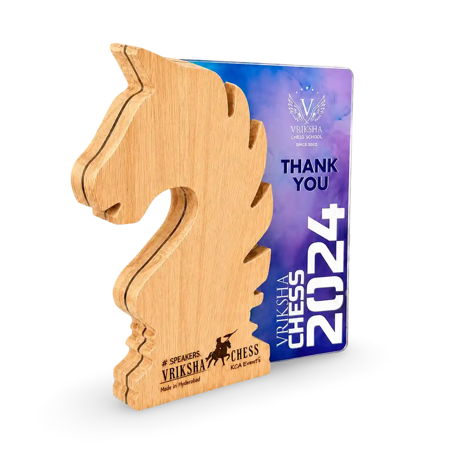 Wood-and-acrylic chess tournament trophy with custom engraving
