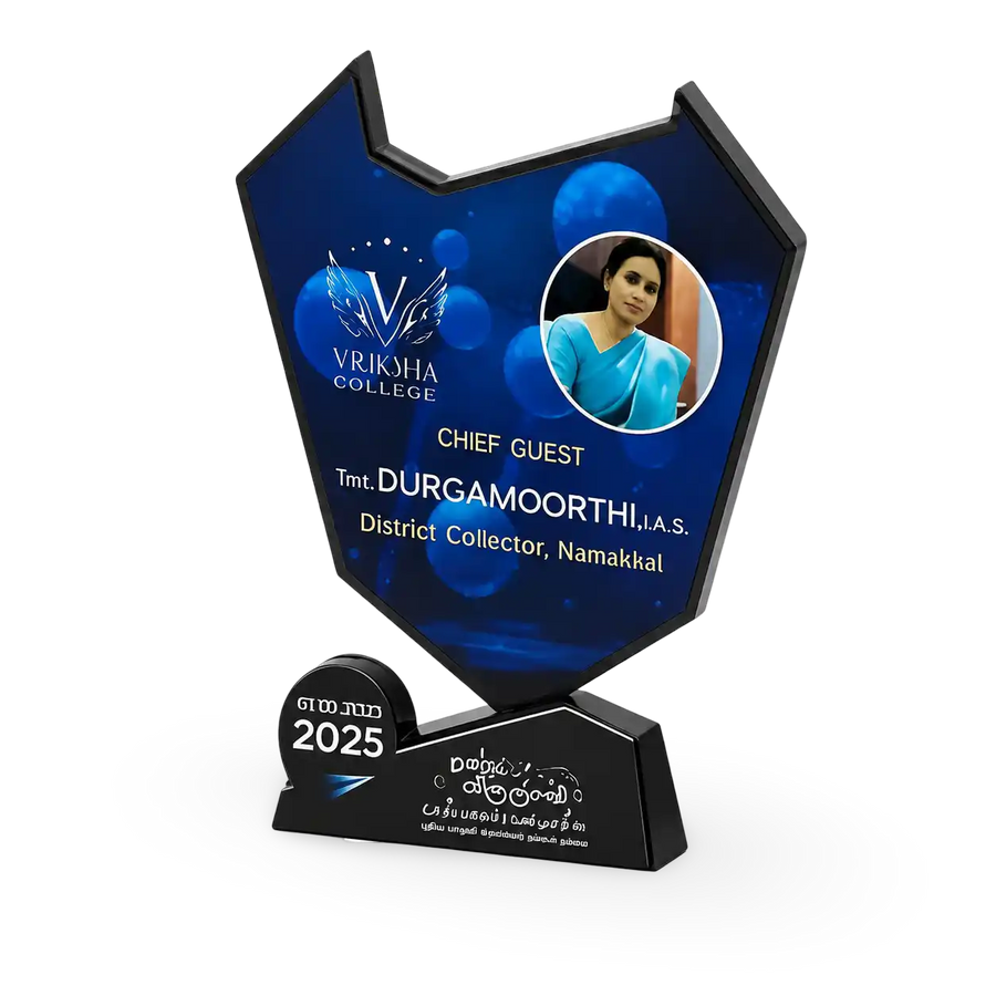 Chief guest recognition trophy with portrait and blue black design