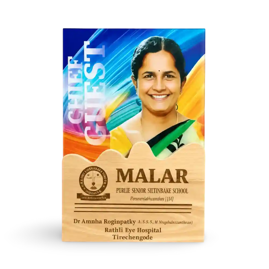 Chief guest recognition plaque with portrait and personalised event text