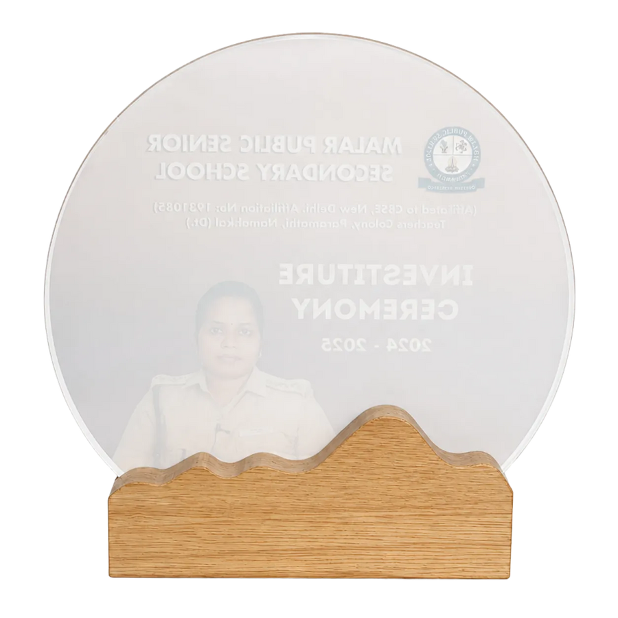 Chief guest trophy with school logo and investiture ceremony details