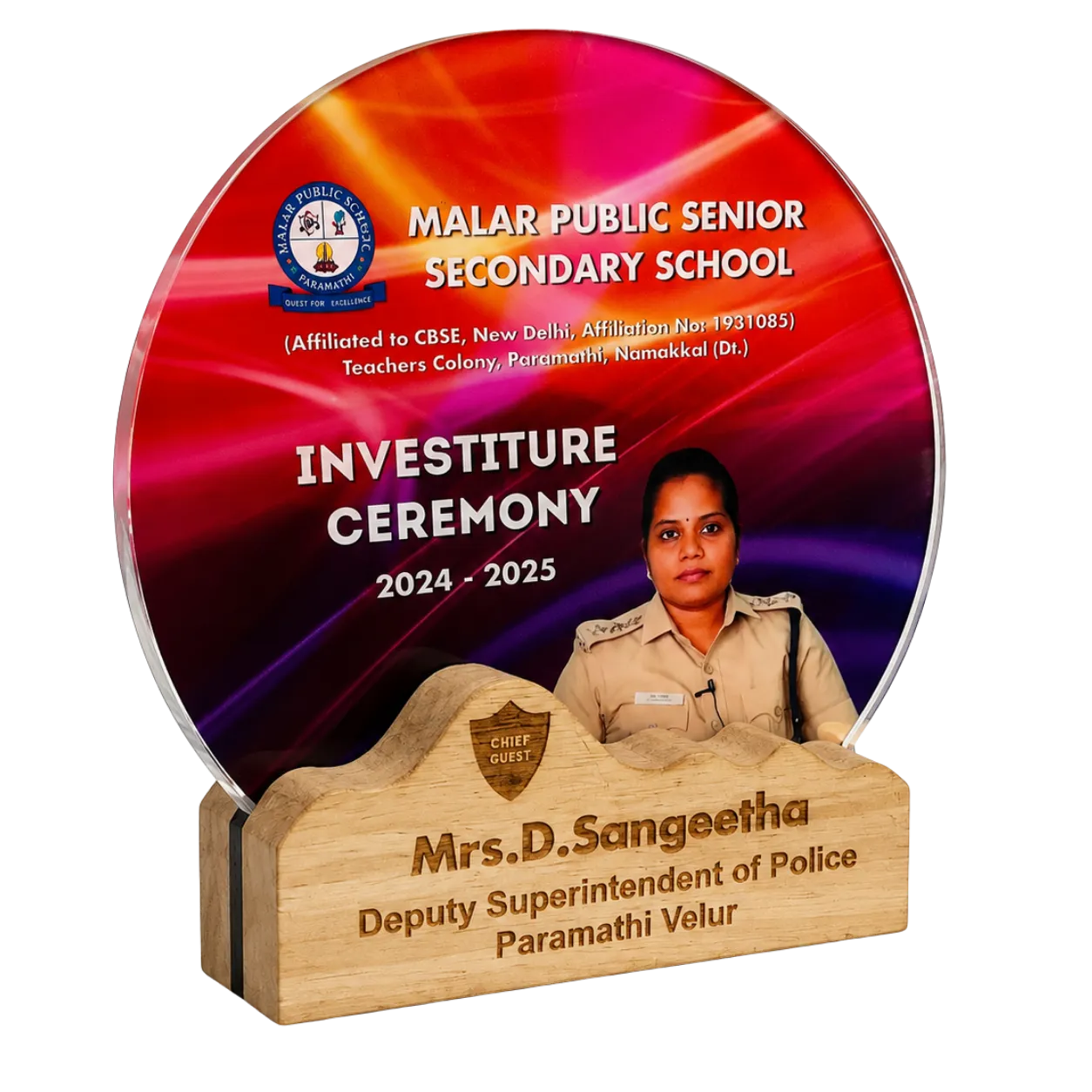 Investiture ceremony chief guest plaque with portrait and school details