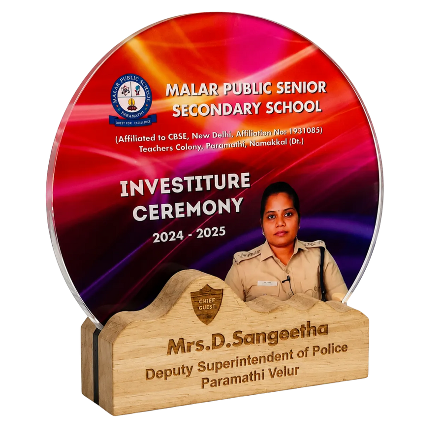 Investiture ceremony chief guest plaque with portrait and school details