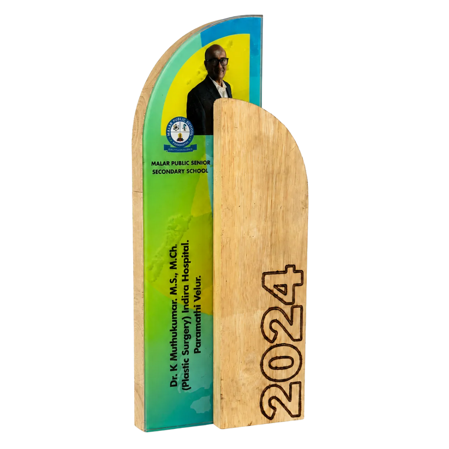 Wood-and-acrylic chief guest recognition trophy for formal events