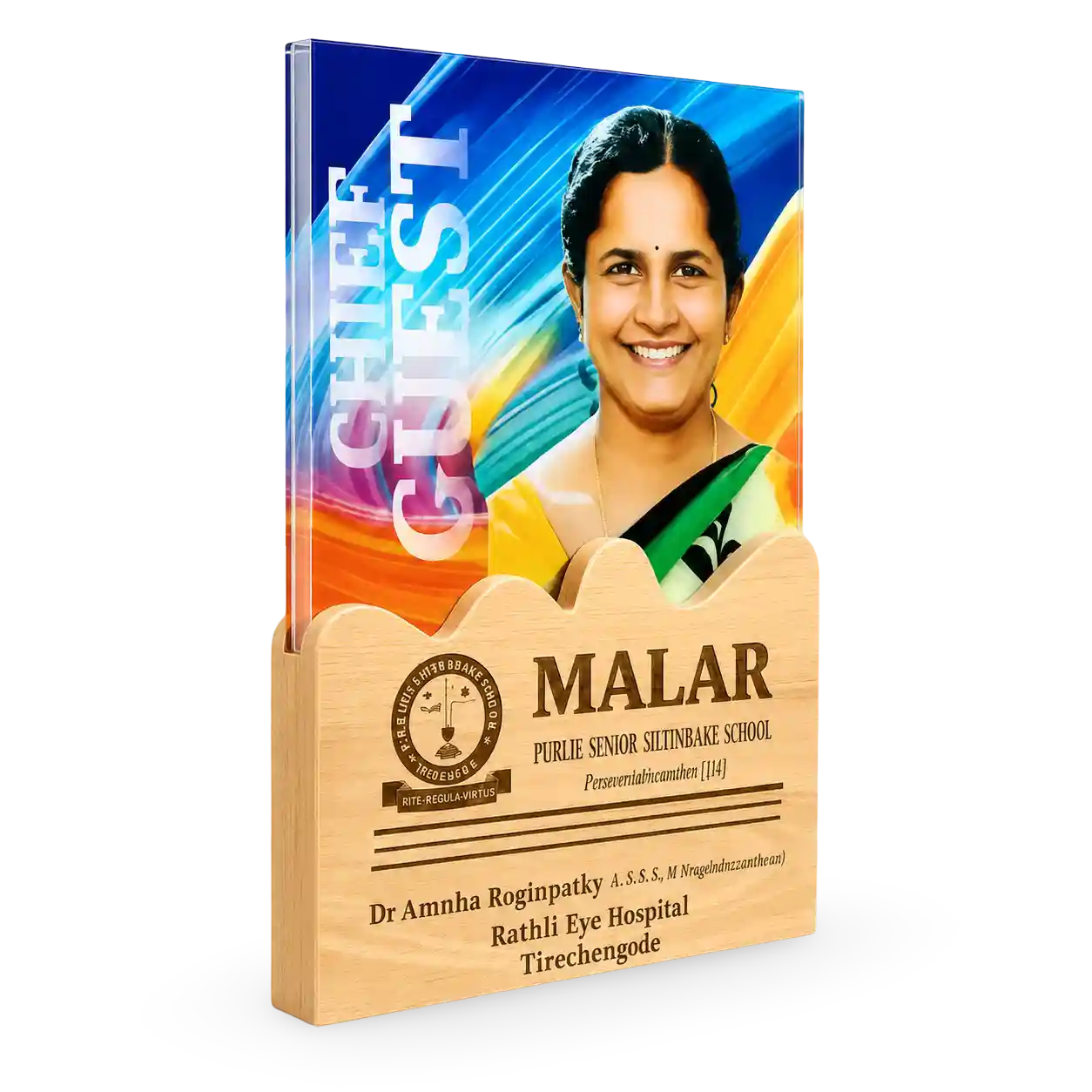 Chief guest memento in a wooden holder with portrait and event text