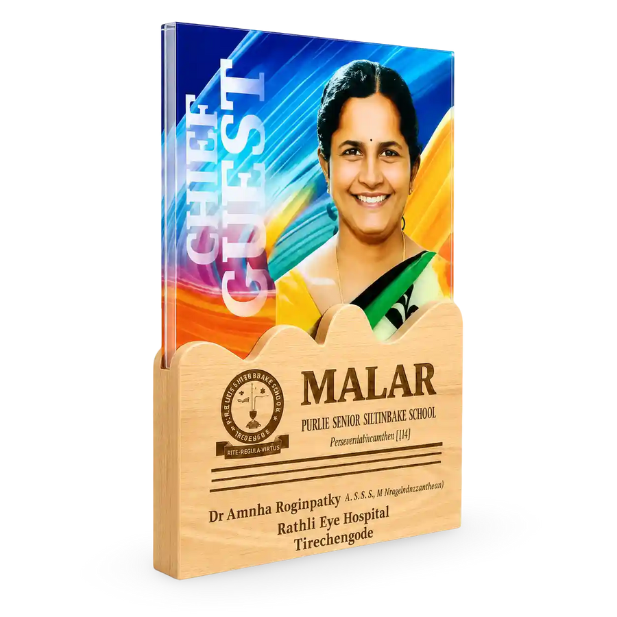 Chief guest memento in a wooden holder with portrait and event text