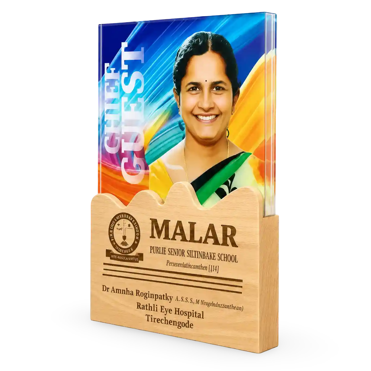 Wooden chief guest plaque with portrait and recognition details
