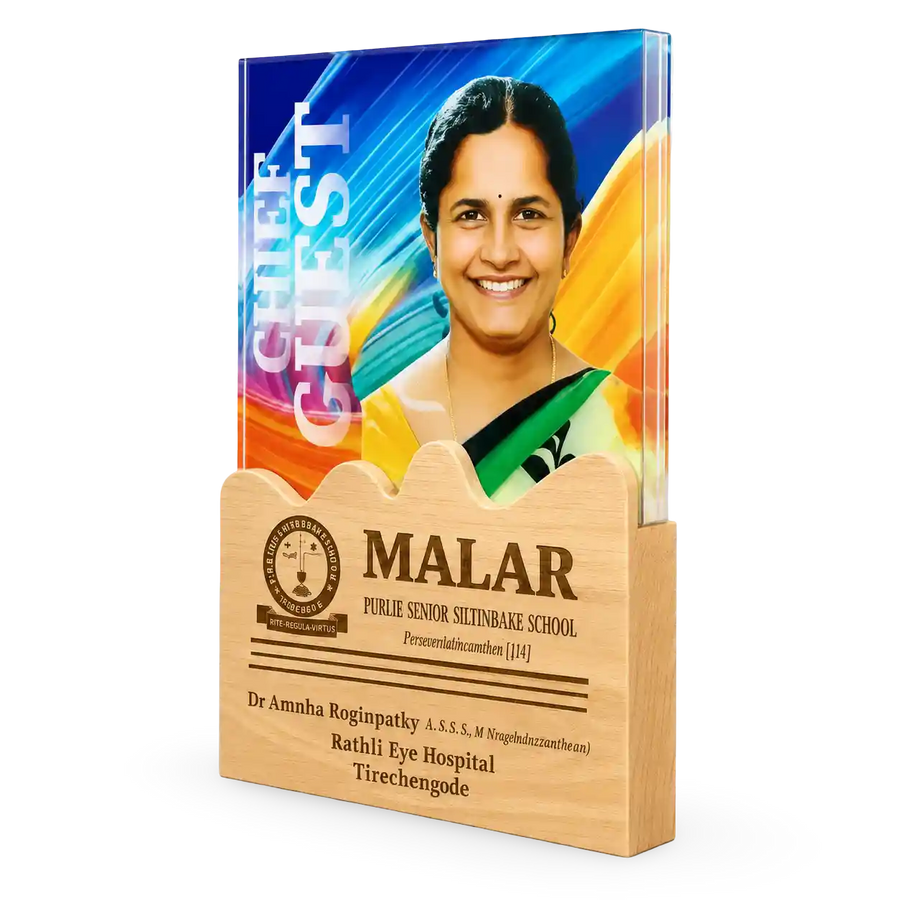 Wooden chief guest plaque with portrait and recognition details