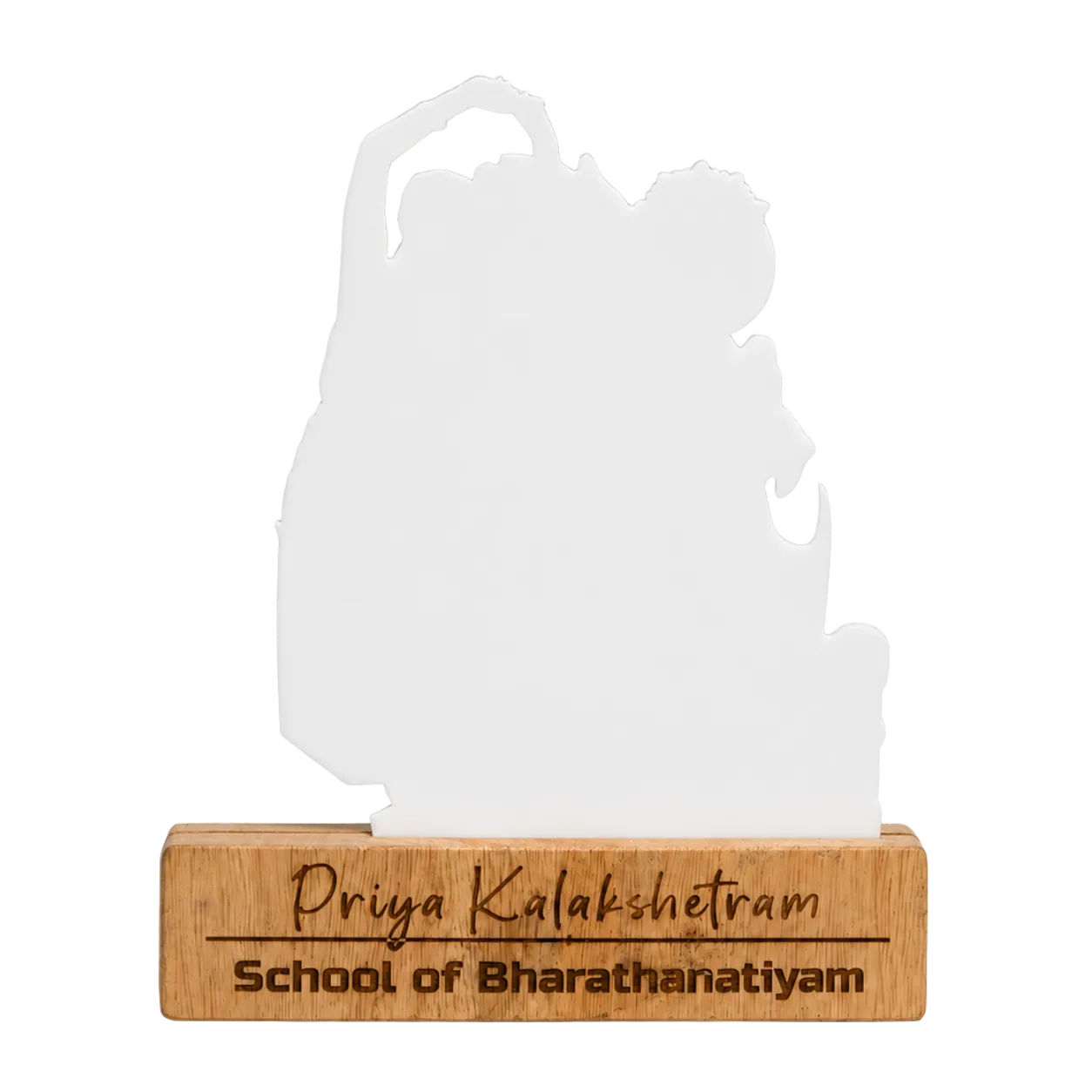 White silhouette figure on a wooden base with text, on a white background