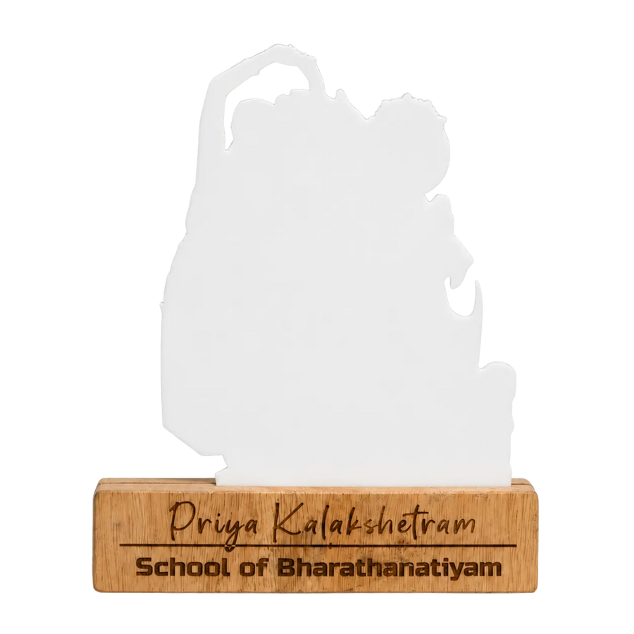 White silhouette figure on a wooden base with text, on a white background
