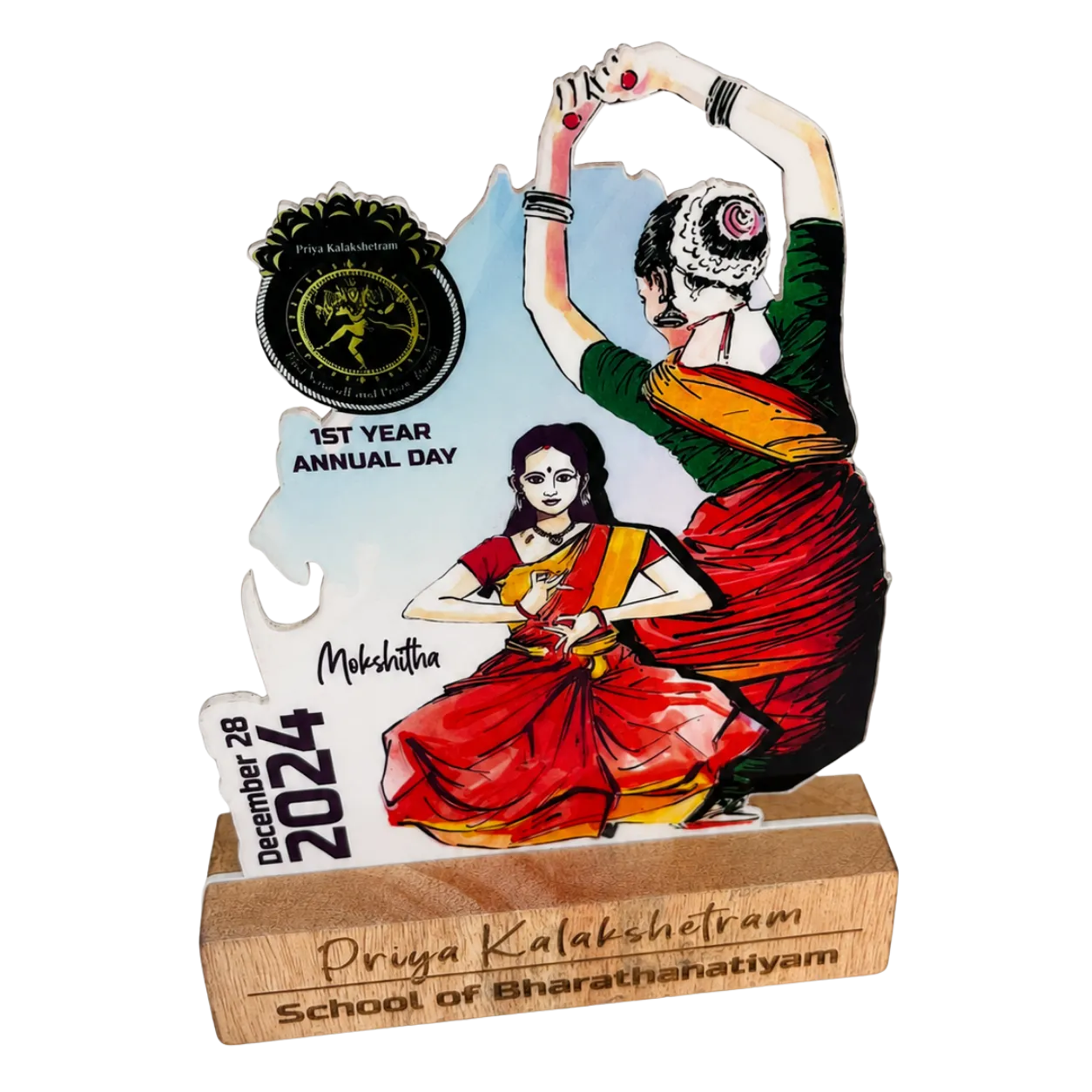 Decorative item with Bharatanatyam dancers and text on a white background