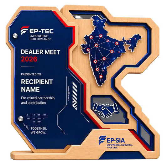Angled view of EP-TEC Dealer Meet 2026 corporate award trophy with India map and handshake graphic