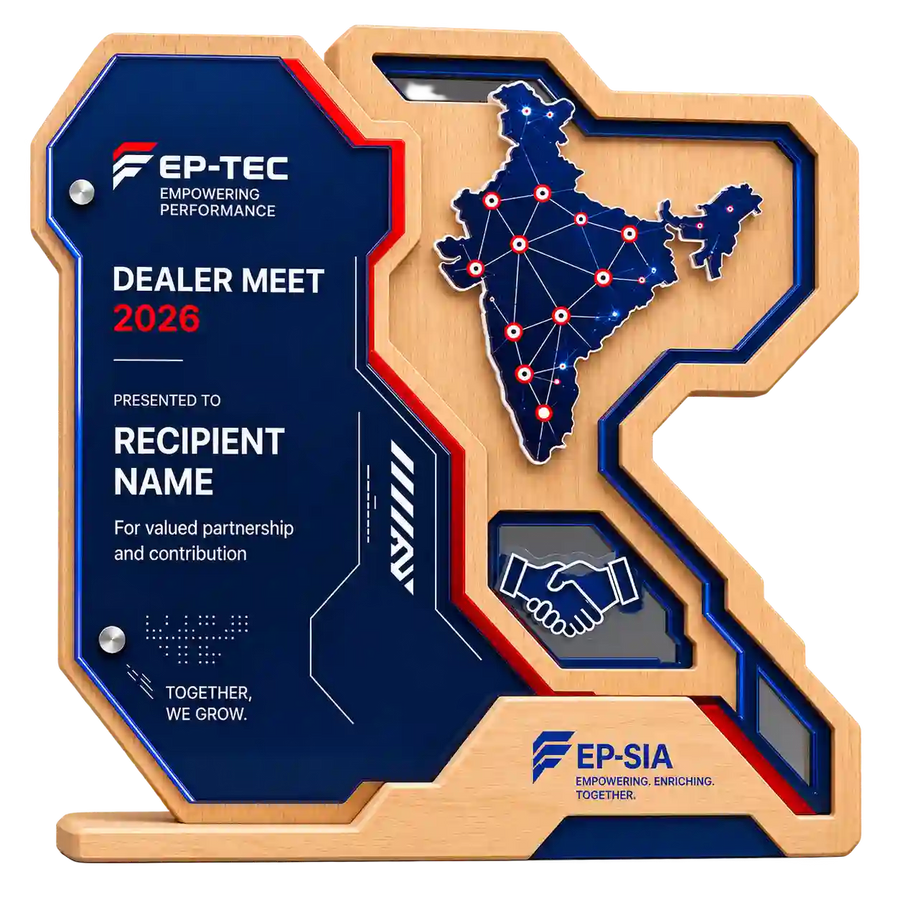 Angled view of EP-TEC Dealer Meet 2026 corporate award trophy with India map and handshake graphic