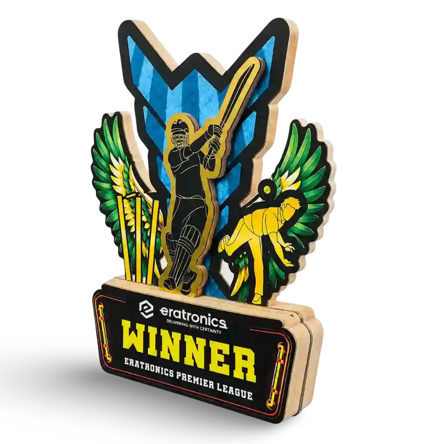 A 3D wooden trophy plaque for the Eratronics Premier League Winner, featuring a cricket player, bats, green wings, and a golden lion on a black base with the Eratronics logo.